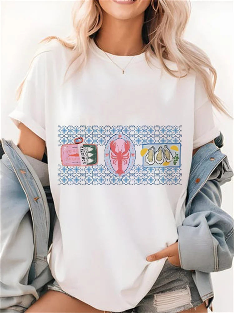 Seafood Food Printing Pattern Cute T-Shirt Printed Street Short Sleeved Beach Vacation Trend Versatile Casual Travel T-Shirt