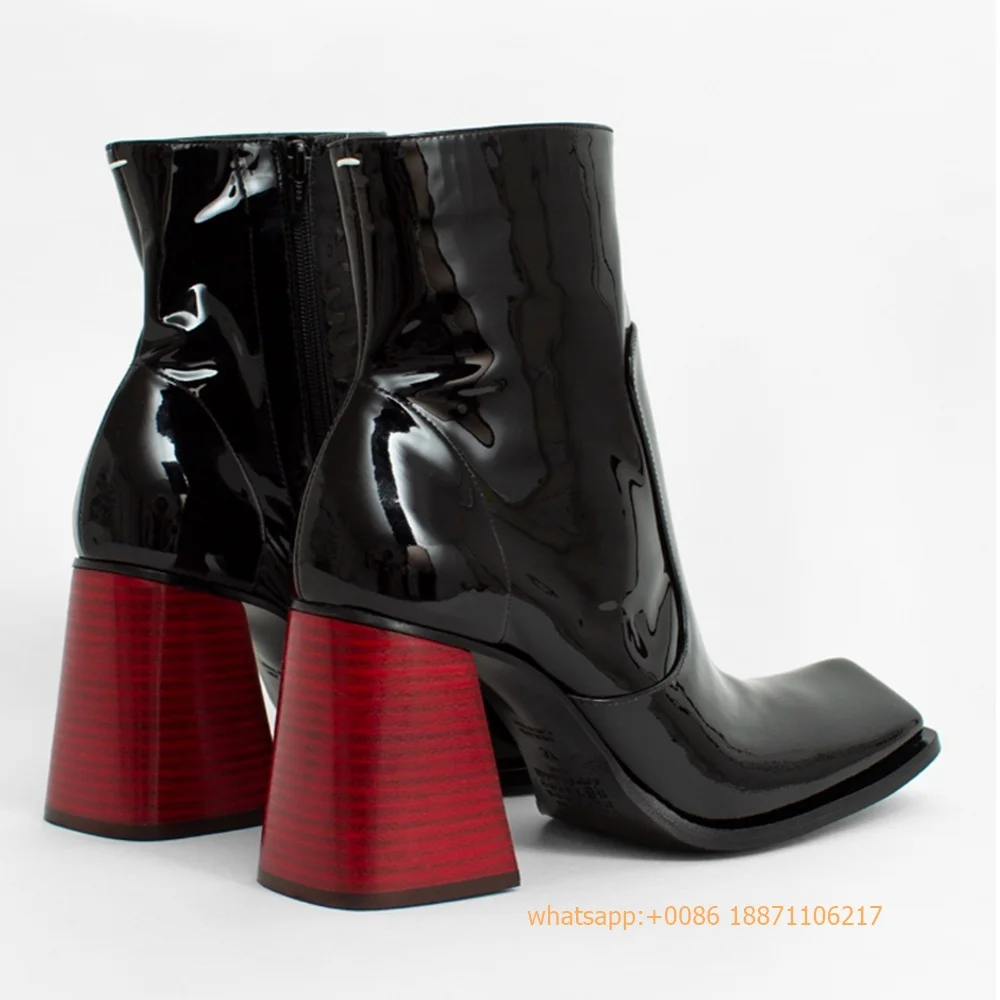 Bottes carrées en cuir verni pour femmes, talon rouge, botte courte de rue, bottes de rinçage décontractées pour dames, noir, mode de bureau sexy, automne, nouveau, 2024