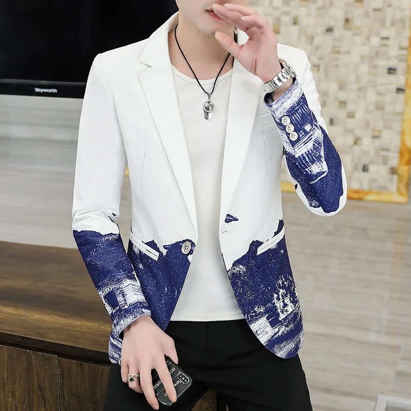 

Korean Style Men Blazers Gradient Flower Coat Wedding Business Casual Suit Jacket Hairdresser Street Wear Social Veste Homme