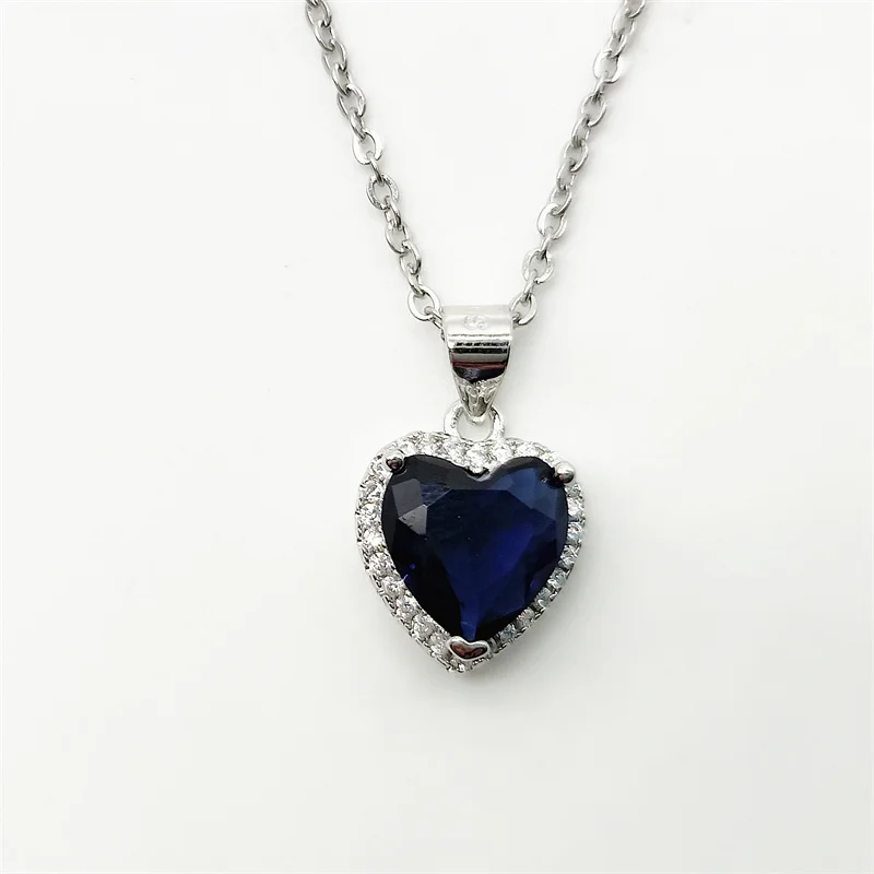 CC Blue Pendant Necklaces For Women Silver Color 45cm Chain Heart Zirconia Love Fashion Accessory Party Jewelry Colar CCN107