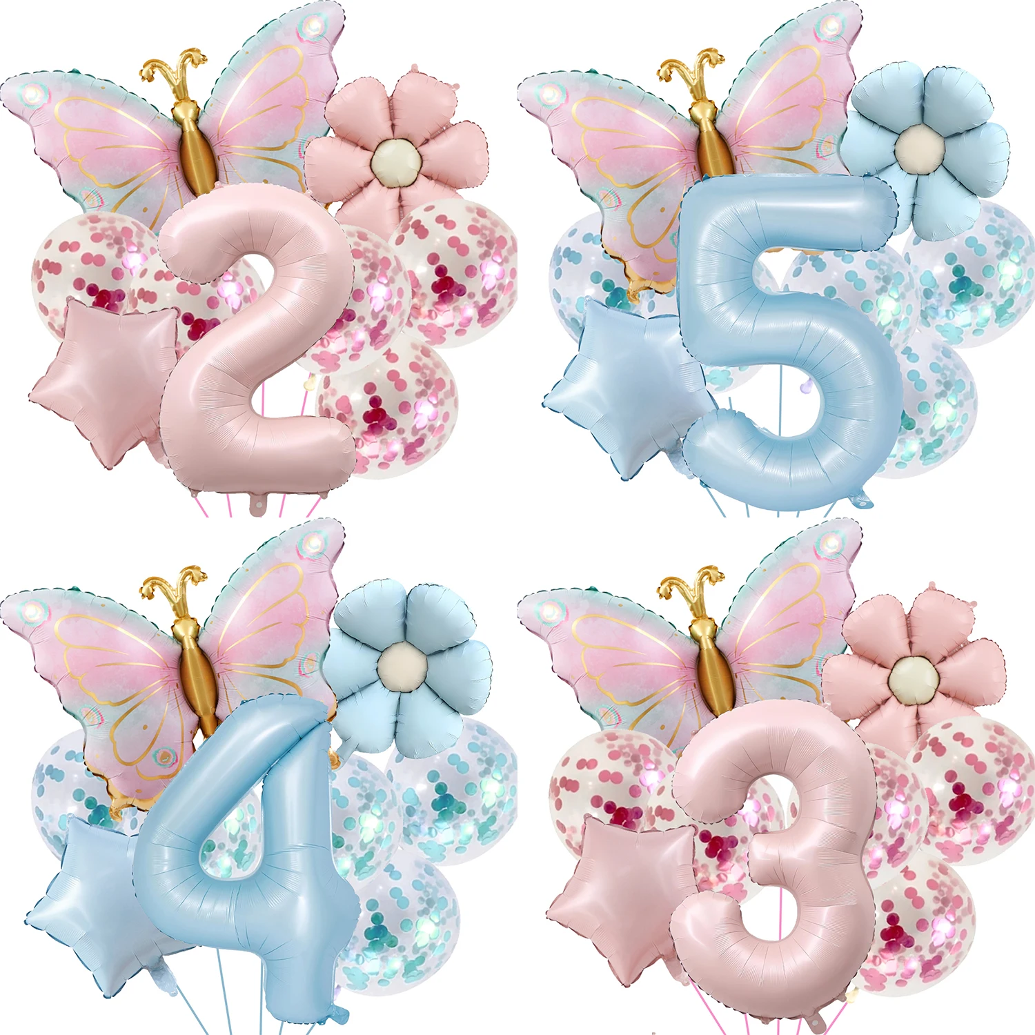 10-teiliges 40-Zoll-Digital-Schmetterlings-Gänseblümchen-Ballon-Set in Blau und Rosa – perfekte Geburtstagsdekoration mit Schmetterlingsmotiv für Jungen und Mädchen ‌