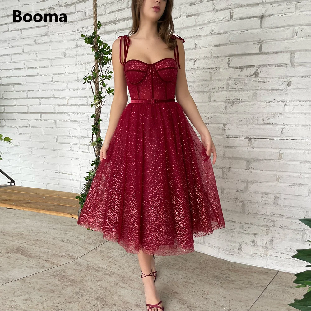 Booma Burgundy Glitter Tulle Prom Dresses Sweetheart Tied Straps Tea-Length A-Line Wedding Party Gowns Midi Formal Evening Gowns