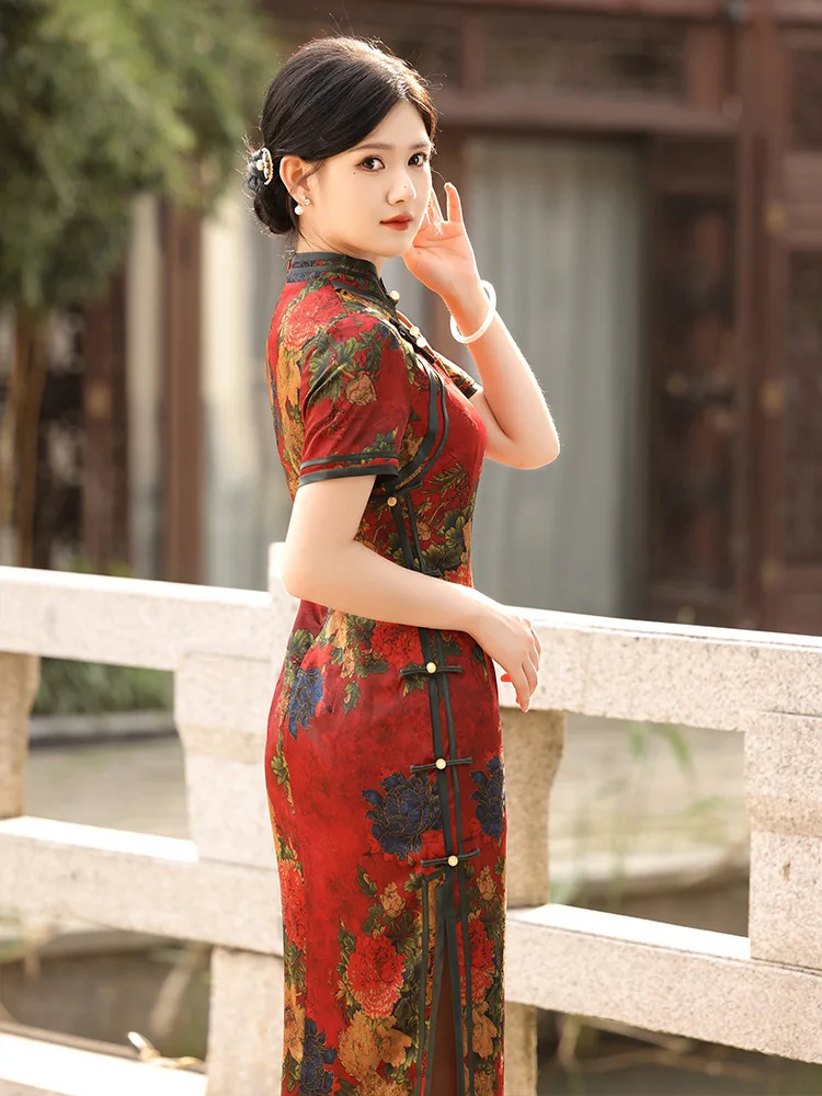 Vestido vintage de verão para mulheres, flor, vestido sexy, cheongsam tradicional chinês, gola mandarim clássica, vestido de noite