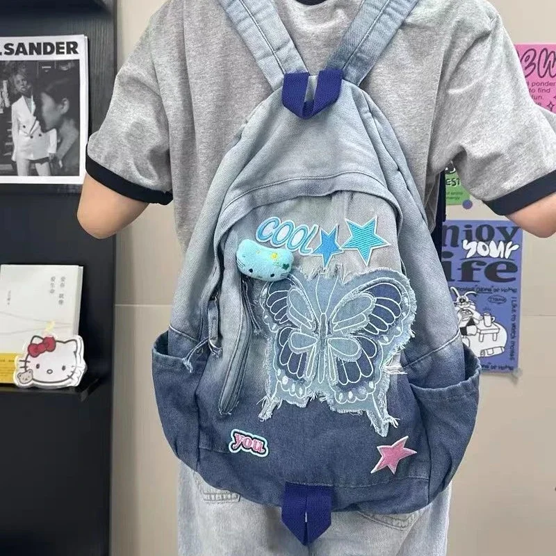 Mochila de mezclilla de gran capacidad para estudiantes, bolso escolar de gran capacidad, estilo Retro americano, mariposa y Estrella, mochila de