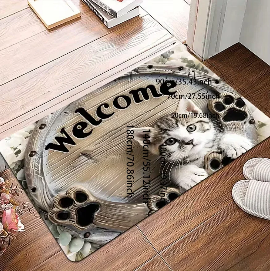 Welcome Little Cat Carpet Cute Kitten Doormat Welcome Mat Kitchen Rug Carpet for Live Room Rug for Floor Mat Home Decoration