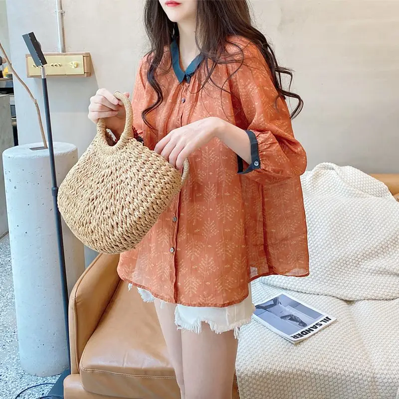 2024 Summer Women Korean Fashion Print Patchwork Shirts Sweet Chic Cute Oversized Blouses Casual Short Sleeve Cotton Linen Tops