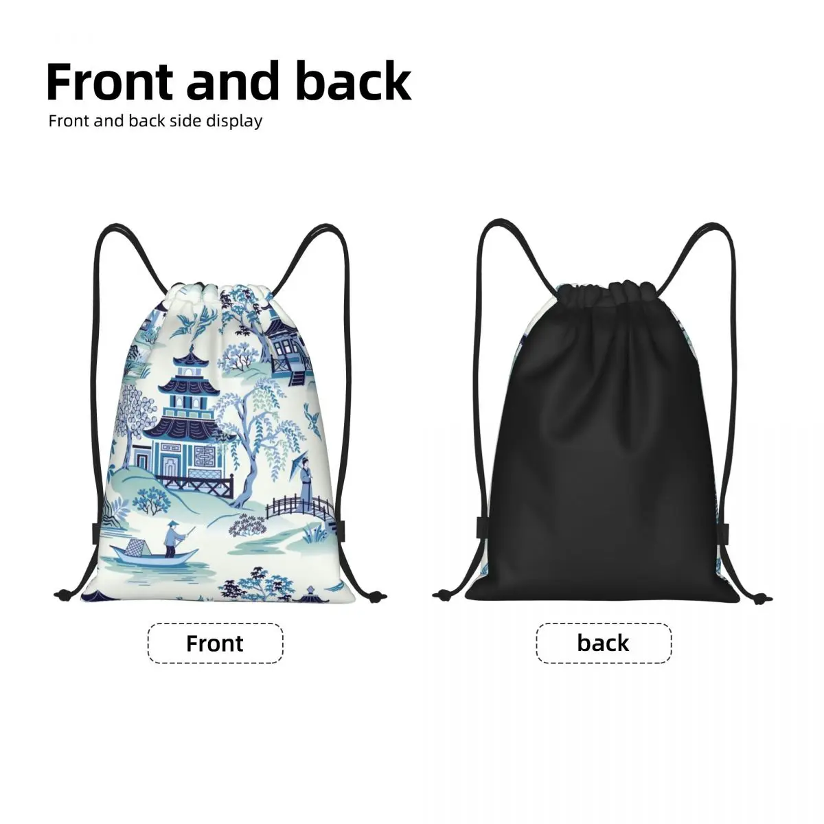 Chinoiserie Pagoda Blue Antique Willow Ware Drawstring Bags for Shopping Yoga Backpacks Oriental Style Sports Gym Sackpack