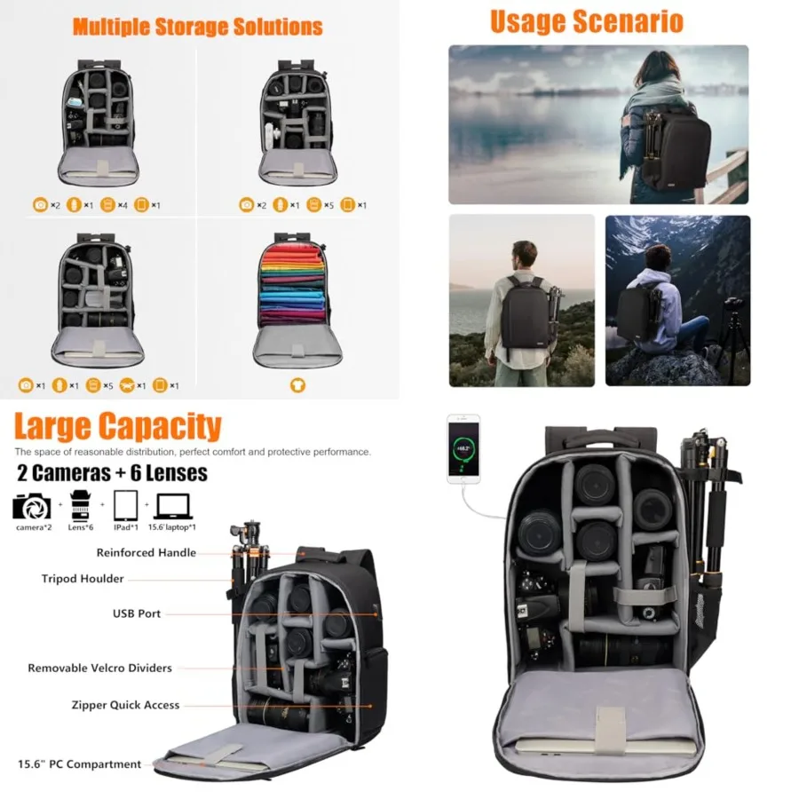 

Camera Backpack Bag with Laptop Compartment 15.6" for DSLR/SLR Mirrorless Camera Waterproof, Camera Case Compatible for Sony Canon Nikon Camera and Lens Tripod Accessories Black