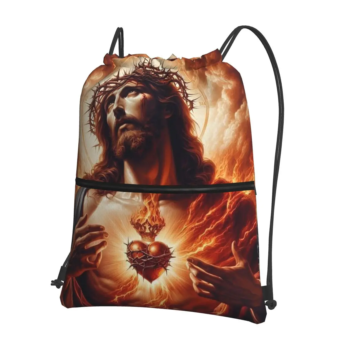 Jesus Christ Angelic Heart Religious Design With Roses and Gold Accents Backpacks Multi-function Drawstring Bags Sundries Bag