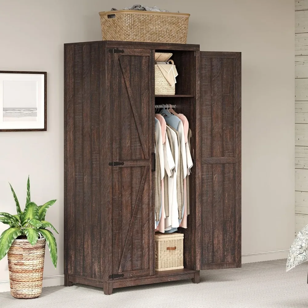 

Farmhouse Armoire Wardrobe with Double Barn Doors 71 Inch Cabinet Hanging Rod and Shelf Bedroom Clothing Storage
