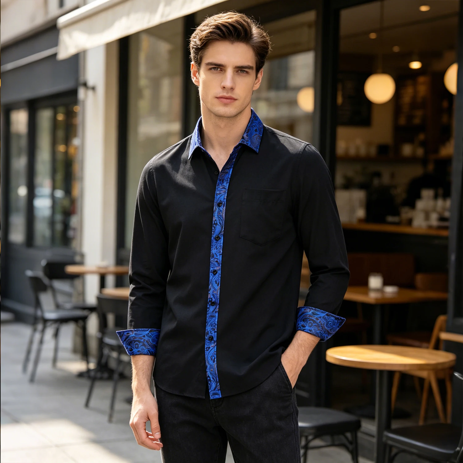 Men Black Long Sleeve Dress Shirt Full Contrast Paisley Floral Collar Placket Flip Cuff Party Wedding Shirts Multi Inner Pattern