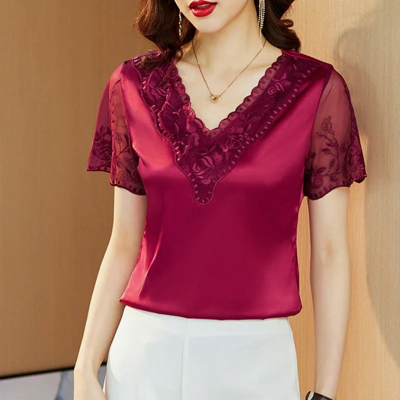 2024 Summer New Fashion Short Sleeve Satin Lace Shirt and Blouse Stitching Embroidery Tops Elegant Youth Women\'s Clothing 19128