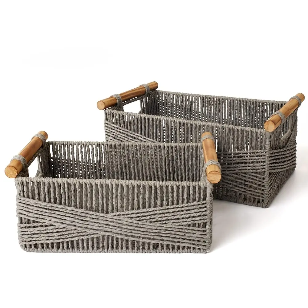 

Wicker Storage Baskets For Organizing, Paper Rope Basket With Wood Handles, Decorative Hand Woven Basket Organizers For Makeup