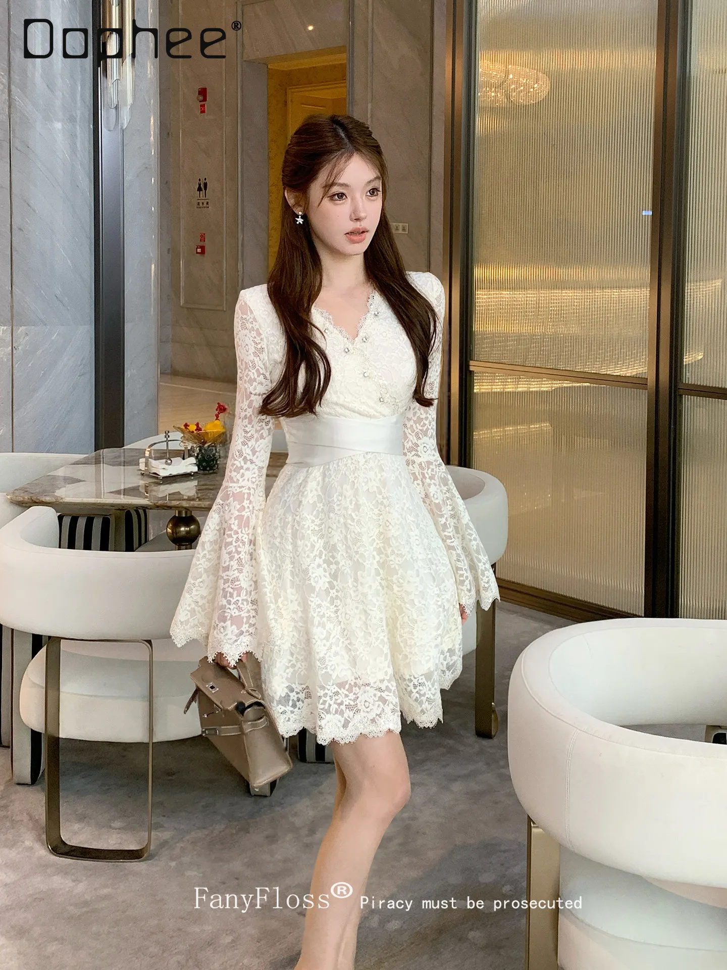 

Socialite V-neck Lace Hollow Beaded Rhinestone Slim Dress Women Flared Sleeve Embroidered High-waist Mini Dress Evening Dresses