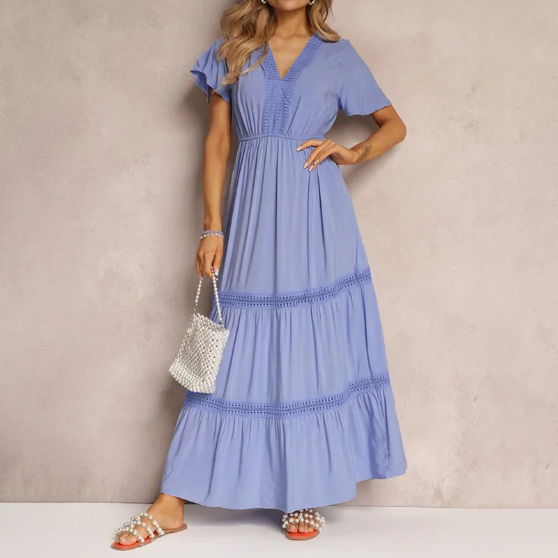 

Women Dresses Solid Dress V Neck Butterfly Short Sleeves Ankle Length Empire Waist Slight Strech Loose Fit Casual 2026 Summer