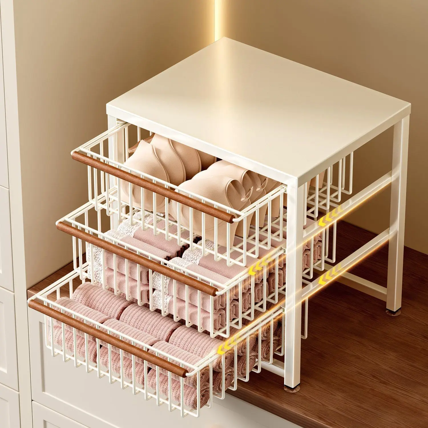 3 Tier Pull Out White Metal Storage Drawers With Wooden Handle Closet Underwear Organizer For Bra Socks Panties