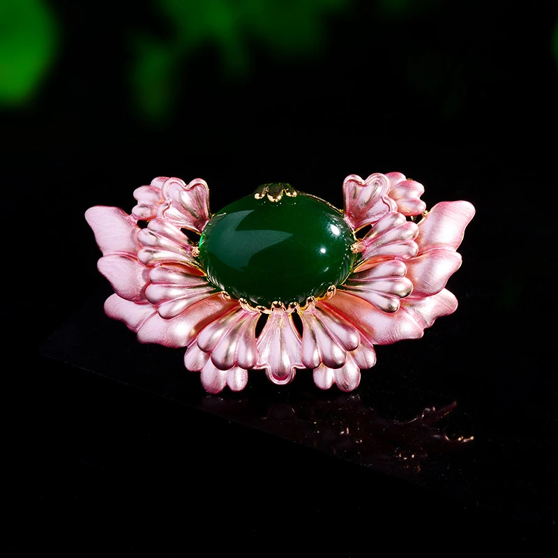 Chinese Style Crabapple Flower Women's Brooches Luxury Enamel Imitation Agate Emerald High-end Accessories Clothing Broche Pin