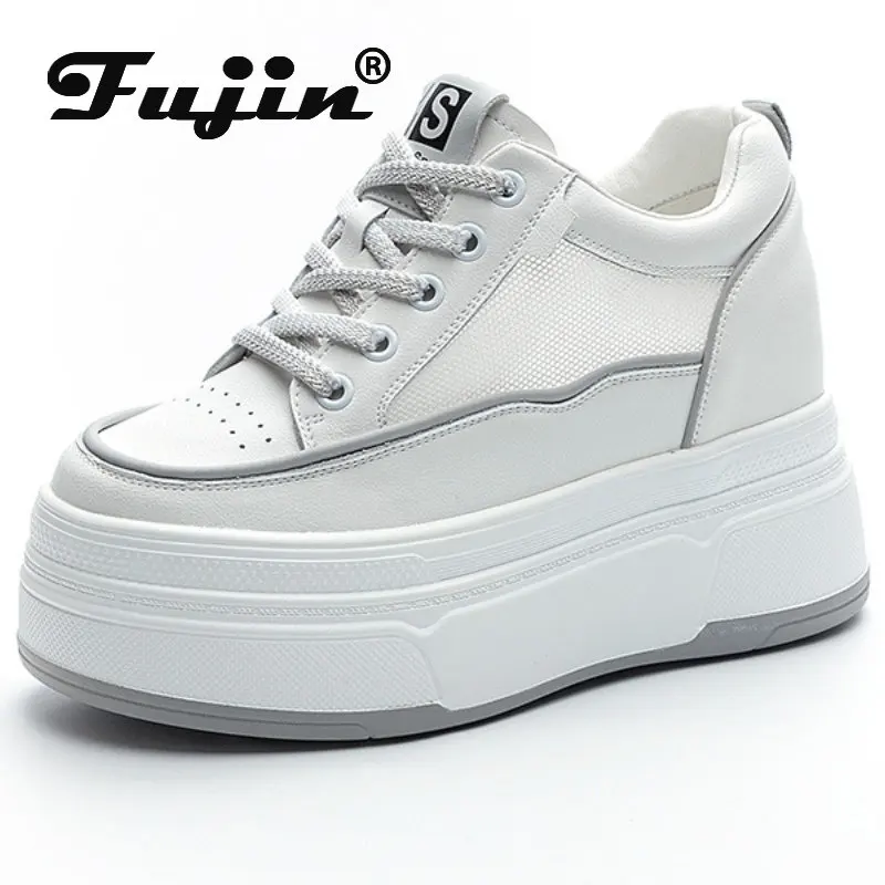 

Fujin 7cm Air Mesh Chunky Sneakers Vulcanized Summer Fashion Lace Up Cow Genuine Leather Wedge Platform Breathable Hollow Ladies