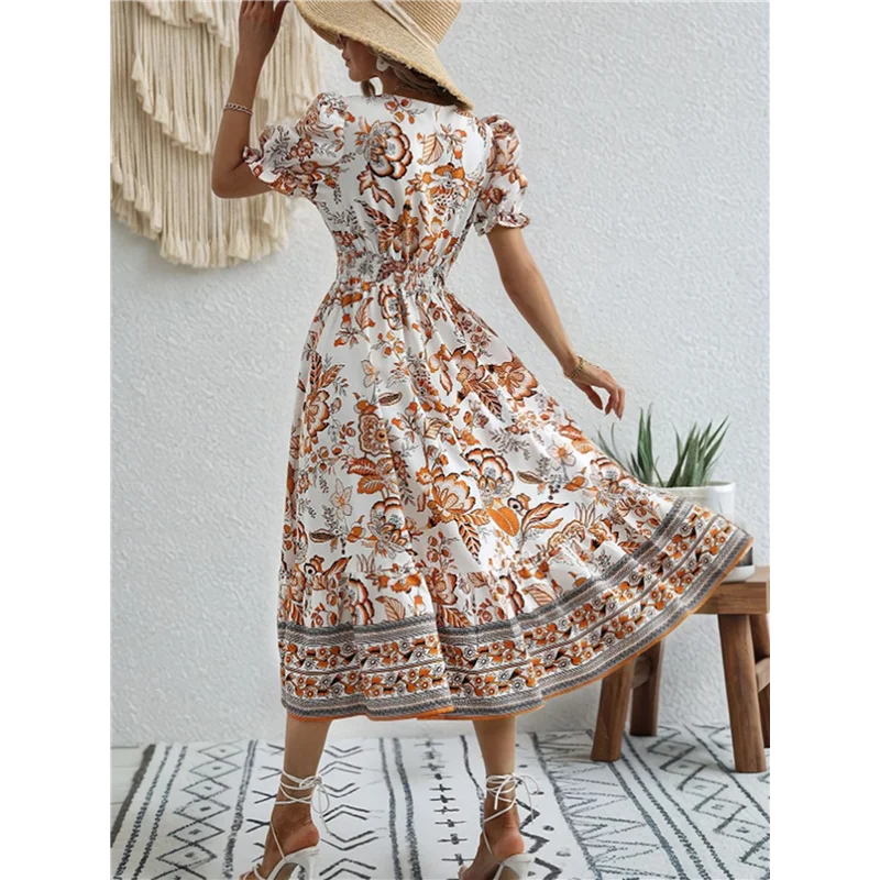 Robe longue et fluide pour femmes, manches bouffantes, style Boho, imprimé Floral, décontractée, été 2025