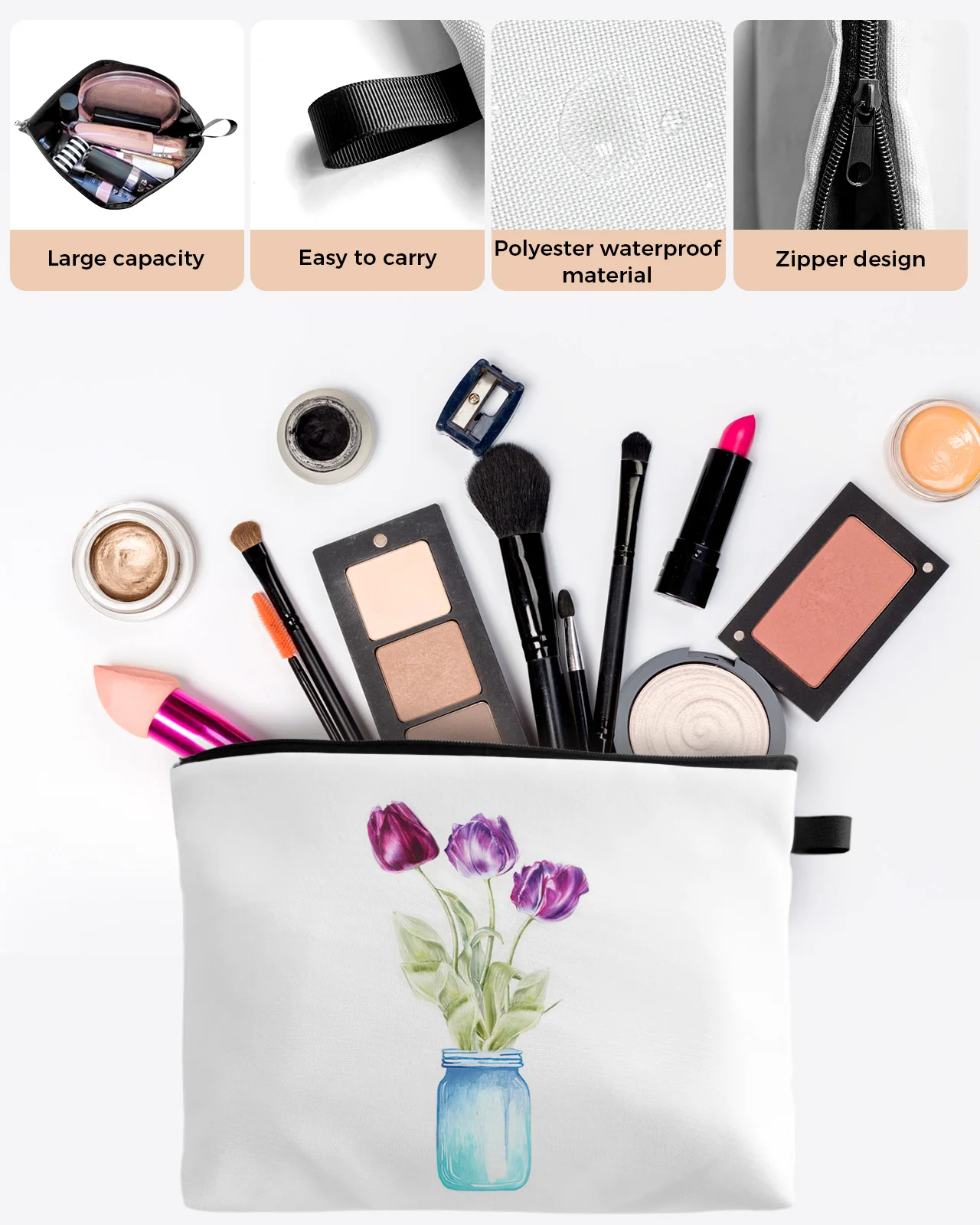 Tulips Flowers Vases Makeup Bag Pouch Travel Essentials Lady Women Cosmetic Bags Toilet Organizer Kids Storage Pencil Case