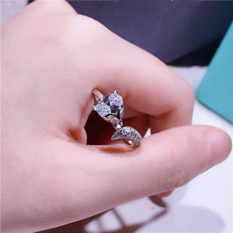 Cute Designer Lovely Fox Sparkling Zircon Decorative All Matching Real 925 Sterling Silver Women Adjustable Ring