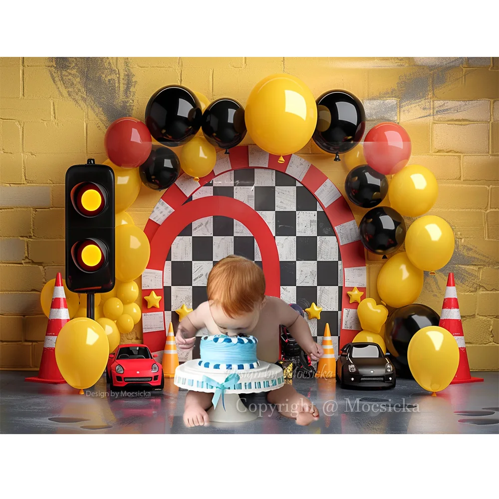 Photography Background Studio Racing Boy Birthday Party Backdrop Balloon Decor Black White Plaid Race Track Kid Cake Smash Photo