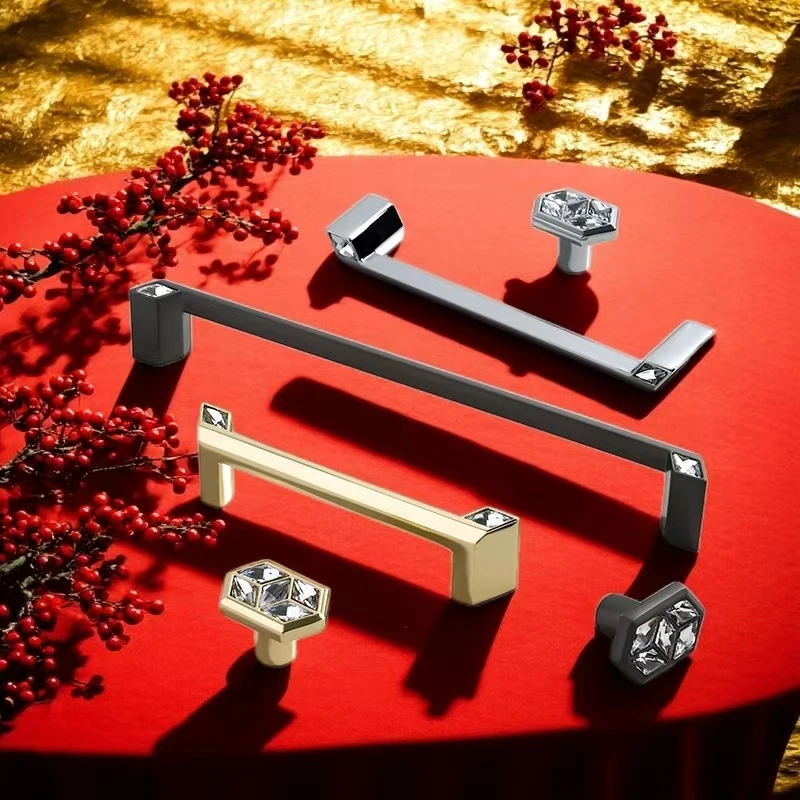 

Light Luxury Zinc Alloy With Diamond Furniture Handles Gold Kitchen Cabinet Handles Gray Wardrobe Door Pulls Silver Drawer Knobs