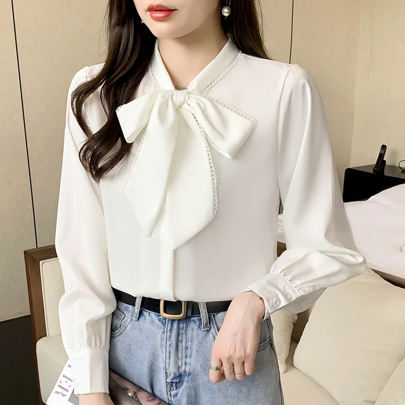 Spring Casual Satin Women Blouse Fashion Long Sleeve Shirt Office Lady Elegant Bow Neck Tops