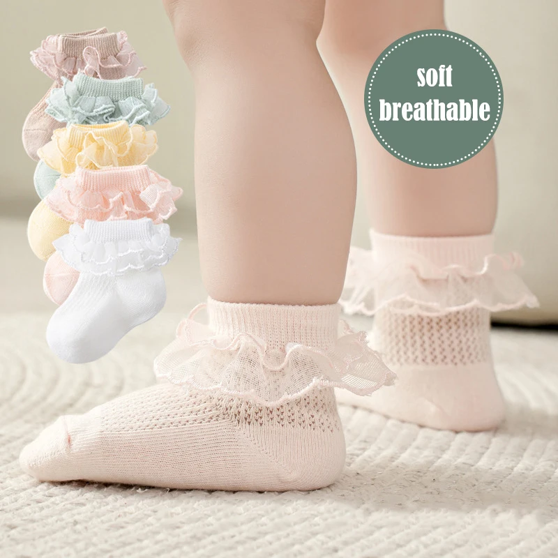 

Детские носки принцессы с кружевом и рюшами, весенние дышащие короткие носки из тонкой сетки для девочек, хлопковые тонкие носки для новорожденных, От 0 до 1 года