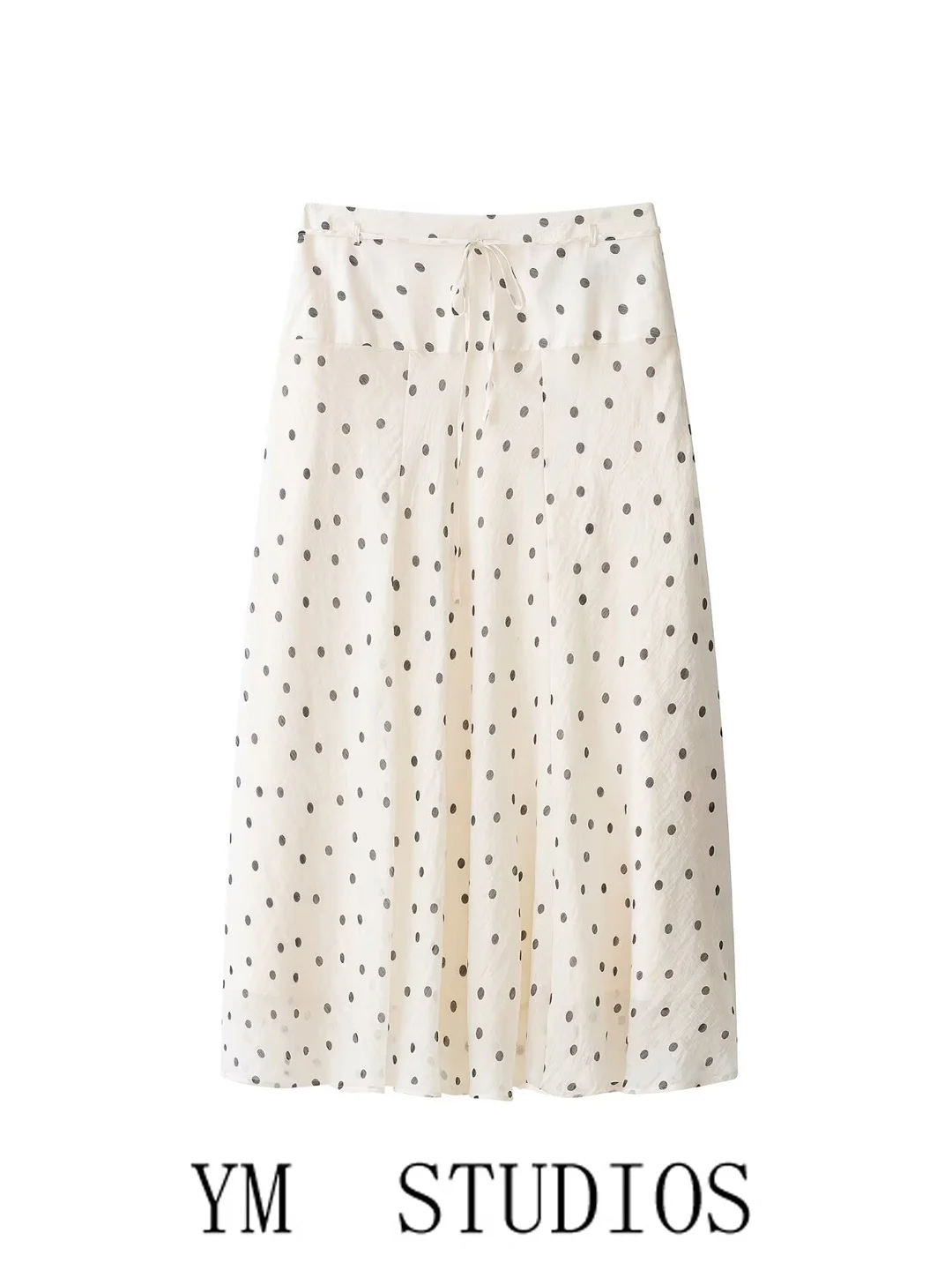 Vintage Polka Dot Midi Skirt Women's High Waist Belted Versatile A-Line Midi Dress Cream Color Skirt for Young Girls
