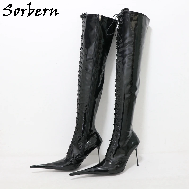 

Sorbern Custom Mid Thigh Women Boots 14Cm High Heel Stone Streched Slim Long Boots For Crossdressers Lace Up More Color