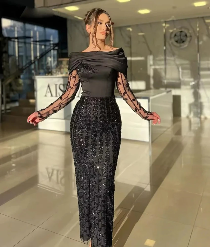 

MCDV Customized Exquisite Tulle Straight Sequined Beading Evening Dress Temperament Boat Neck Long Sleeves Celebrity Gowns