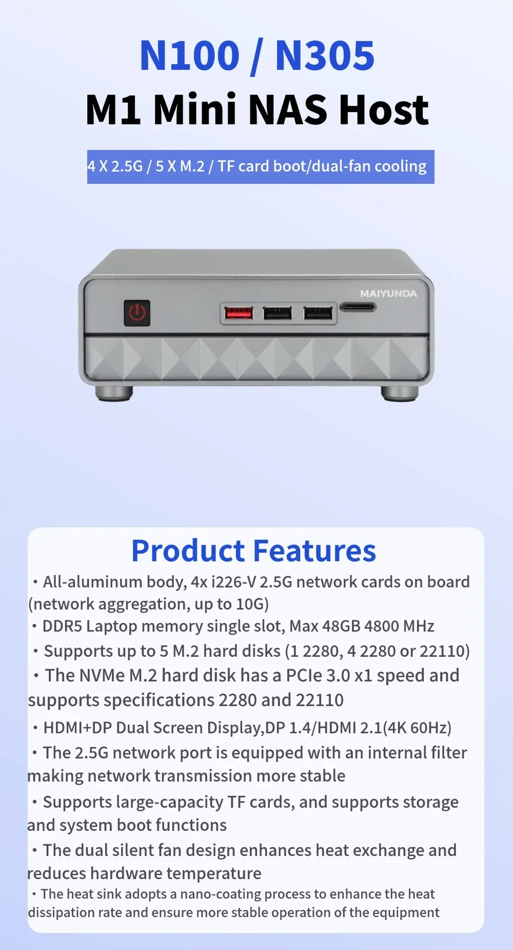 Maiyunda M1 Mini N100 N305 Plus/Pro Mini PC NAS Storage Server M.2 SO-DIMM DDR5 Win11 Metal Case Desktop Office Gaming Computer