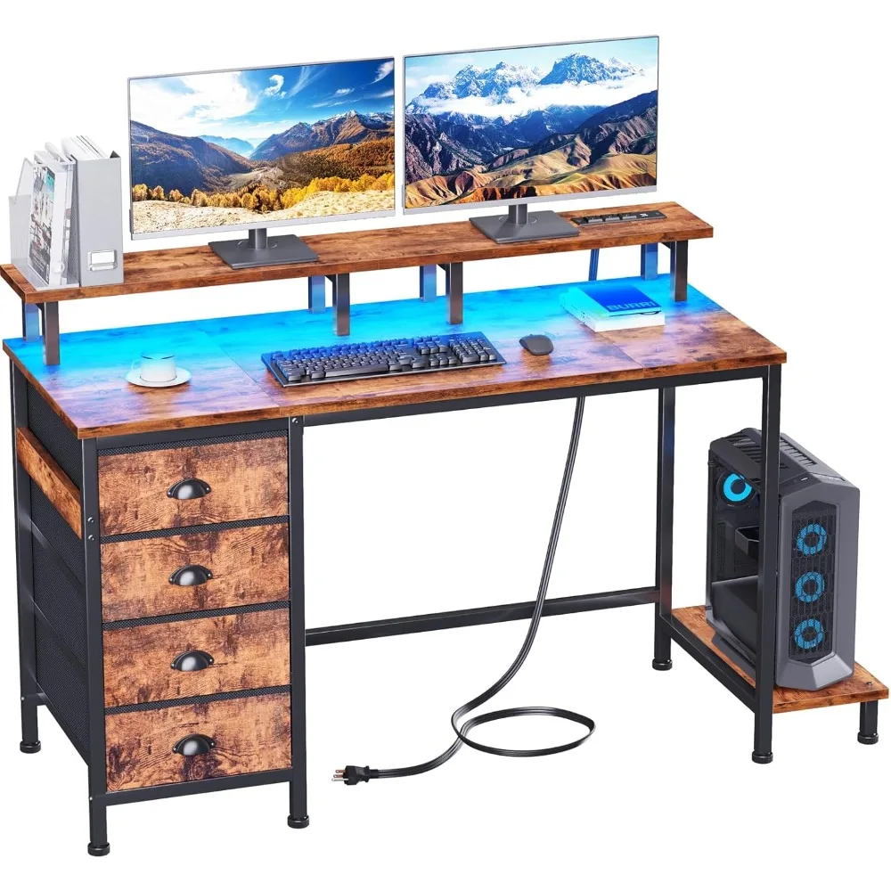 Computer desk with 4 fabric drawers, 47-inch gaming table with power outlet and LED lights, home desk with full monitor