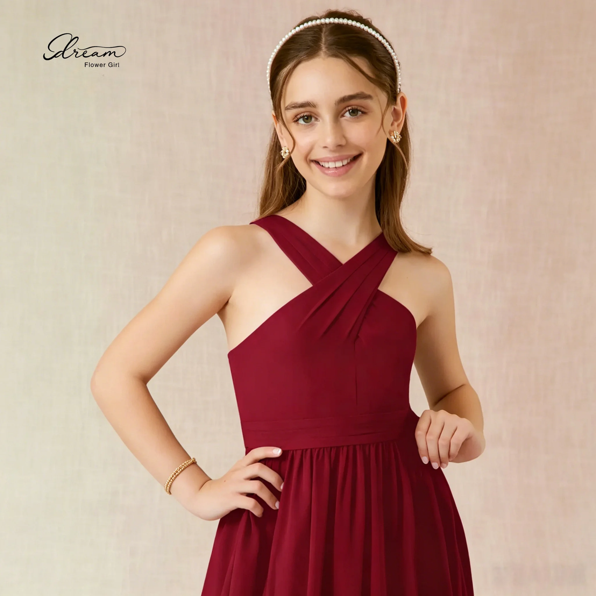 Elegant Red Floor-Length Children's Formal Gown Halter-Neck Strapless Sleeveless Design with Slit and Cinched Waist