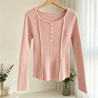 Women's Clothing Fashion All-match Solid Knit Pullovers Spring Summer Elegant Square Collar Chic Button Sweater Lady Vintage Top - Image 6