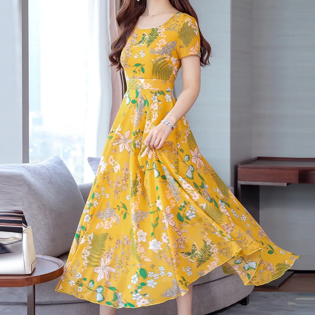 여름 여성 미디 드레스 패션 꽃 짧은 소매 캐주얼 드레스, 한국 해변 느슨한 Sundress Vestidos Mujer