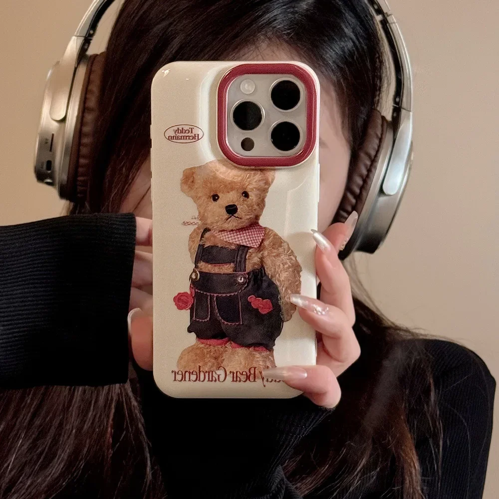Etui na telefon Retro Plush bear doll art do iPhone 16 15 14 13 12 Pro Max Xr 14 15 16 Plus Etui Cute cartoon shockproof Soft Cover