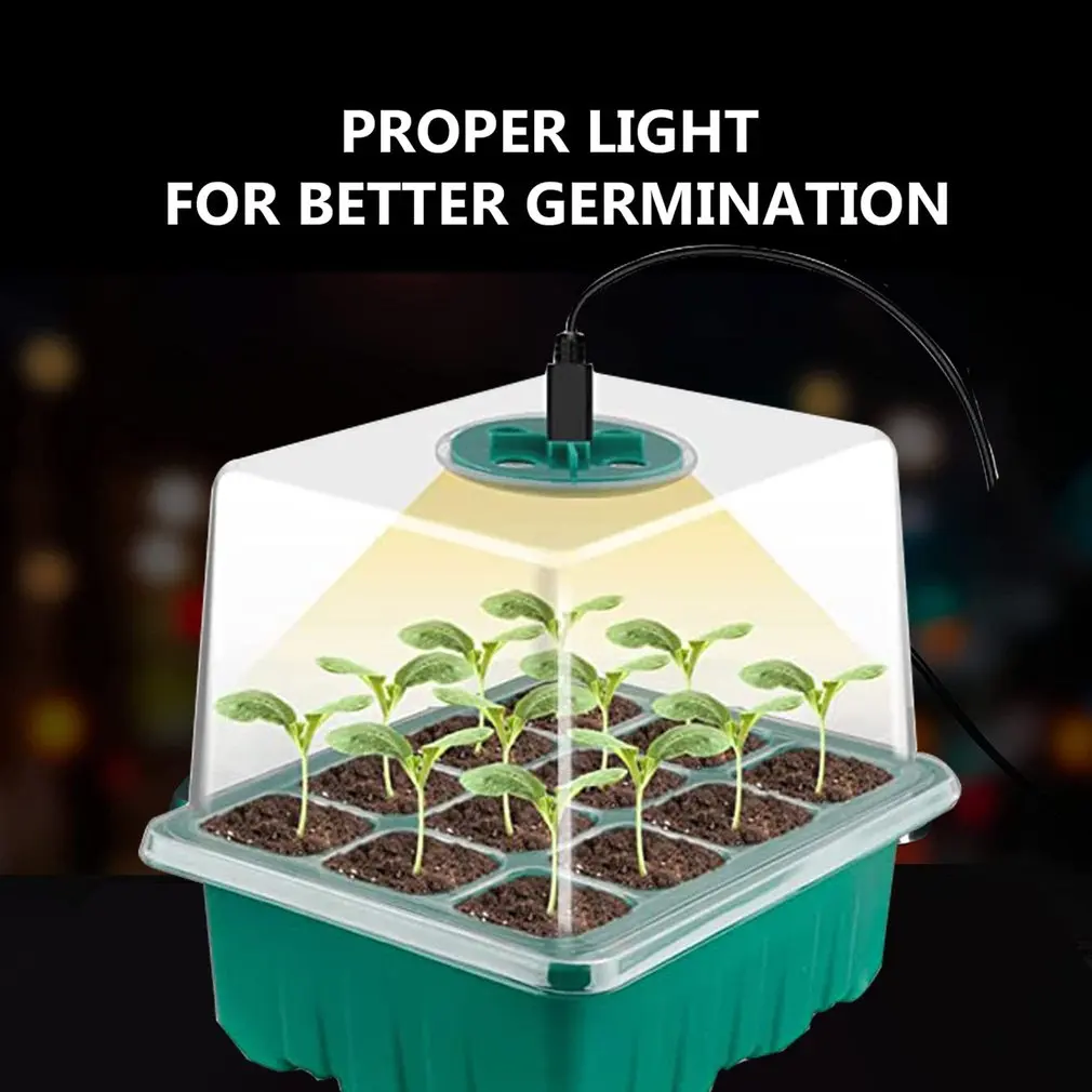 12 Cells LED Grow Light with Seedling Tray Plant Seed Starter Trays Indoor Greenhouse Propagator Growing Trays with Holes