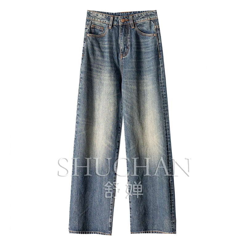 

Retro and Fashionable Washed and Made Old Pure Cotton High-waisted Straight Wide-leg Jeans for Women