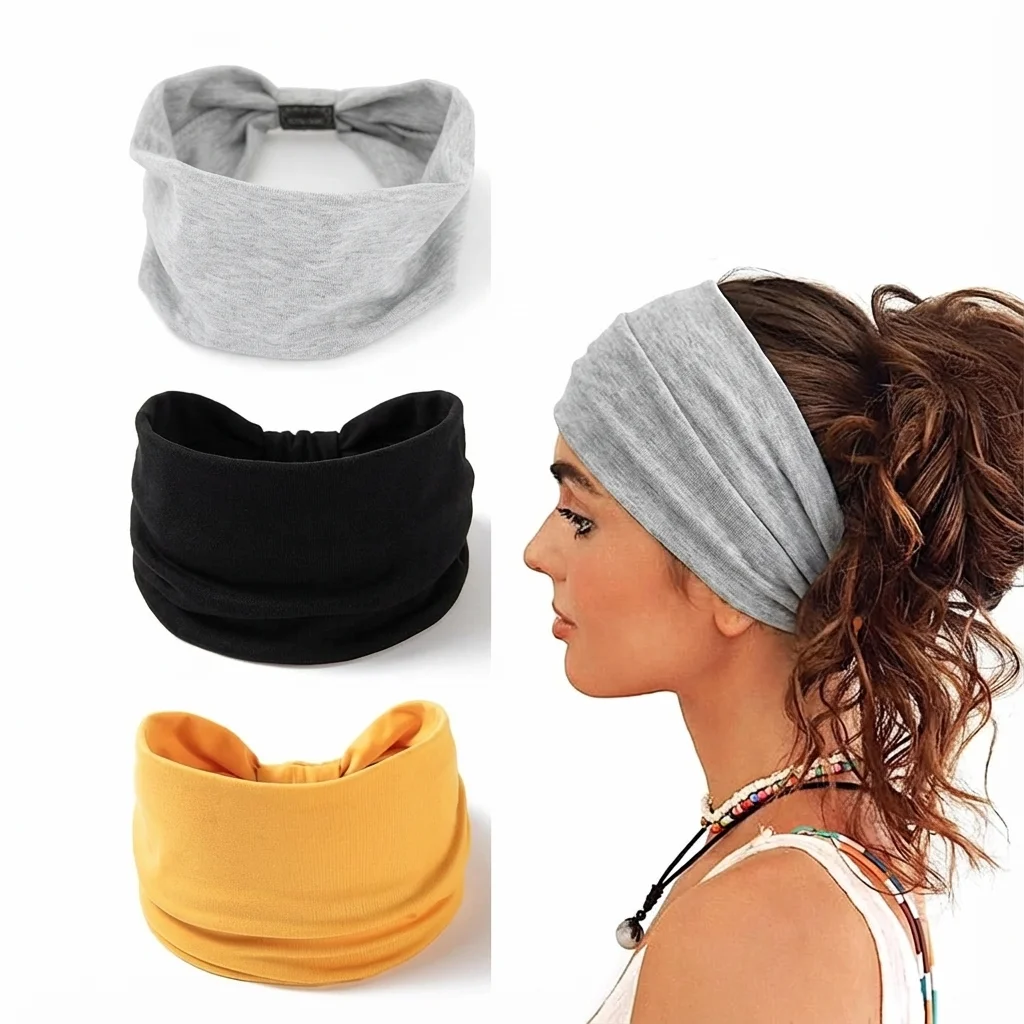 3PC Cotton,Yoga,Wide Edge,Elastic,Head Covers, Fabric,Hair Accessories,Headbands,Hairbands, Cards,Headpieces(Light Gray + Yellow + Black)