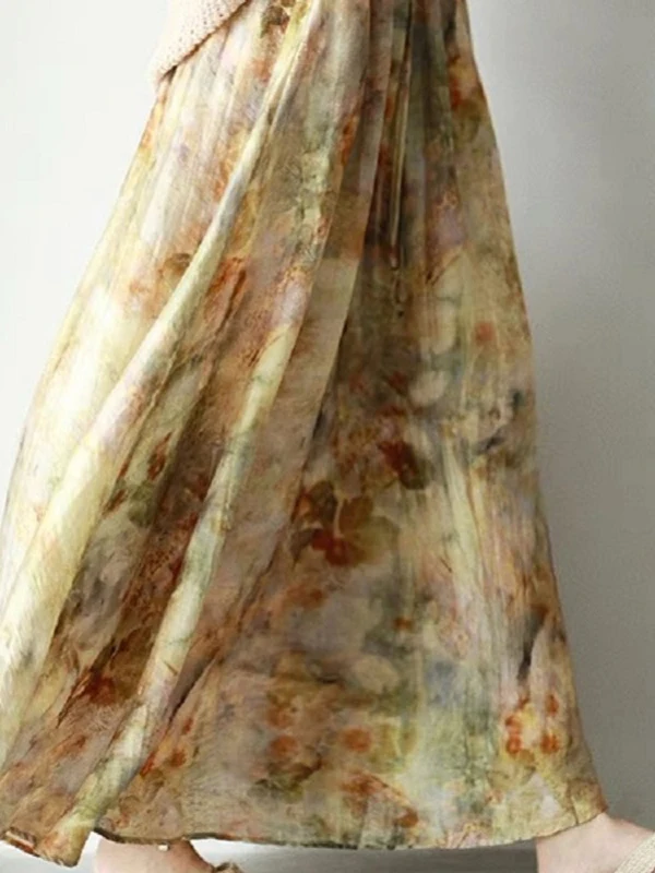 Elegant Plant Imitation Printing Maxi Skirt with Drawstring Elastic Waist Slimming Floral A-Line Skirt for plus Size Women image 5