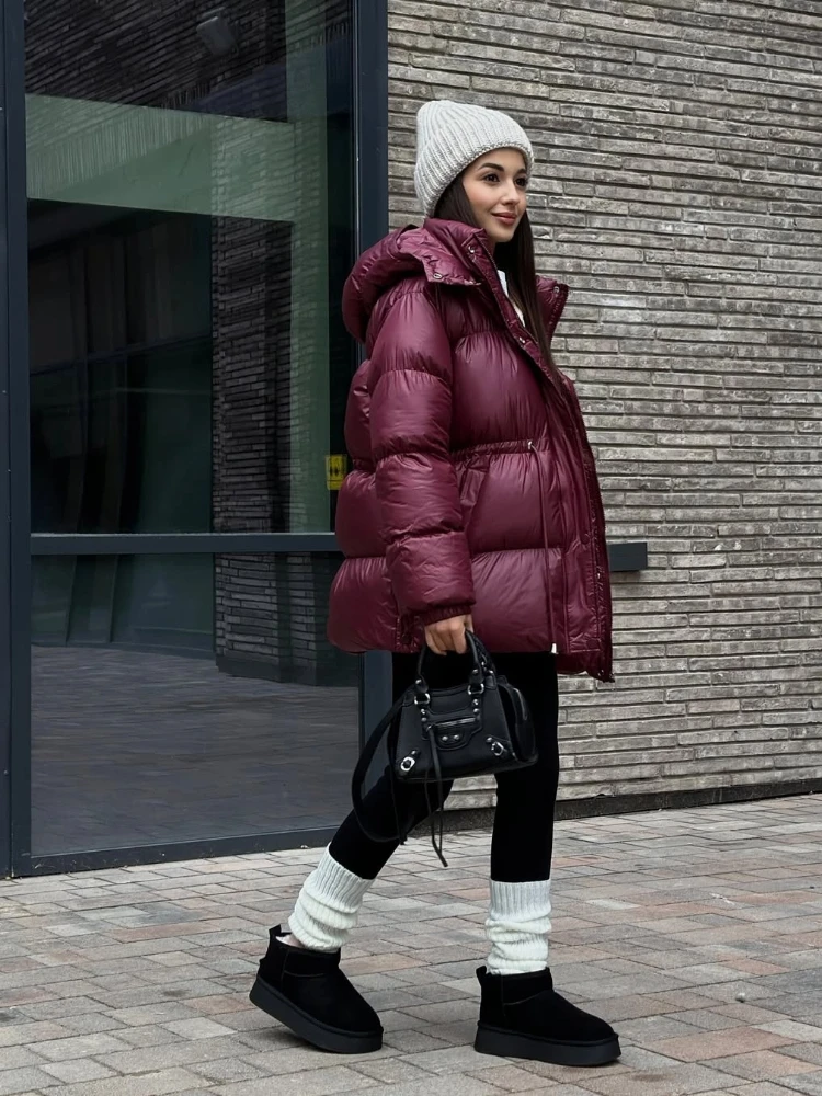 

Женская стеганая хлопковая куртка, блестящая куртка-пуховик с капюшоном на шнуровке, с длинными рукавами и карманами на молнии, пуховое пальто, женская зимняя модная верхняя одежда