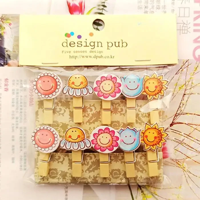 35x7mm/set 10pcs Wooden Cartoon Peach Flower Hanging Photo Clips Memo Paper Clothespin Stationery Wedding Party Craft Decor DIY