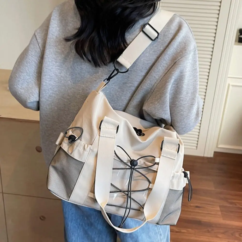 

Simple Casual Nylon Tote Bag Drawstring Solid Color Oxford Cloth Shoulder Bag Portable Lightweight Sports Fitness Bag Students