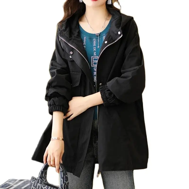 

Casual Hooded Windproof Windbreaker Women New Spring Solid Loose Zipper Jacket Mid-Length Drawstring Tooling Coat Lined Tops 4XL