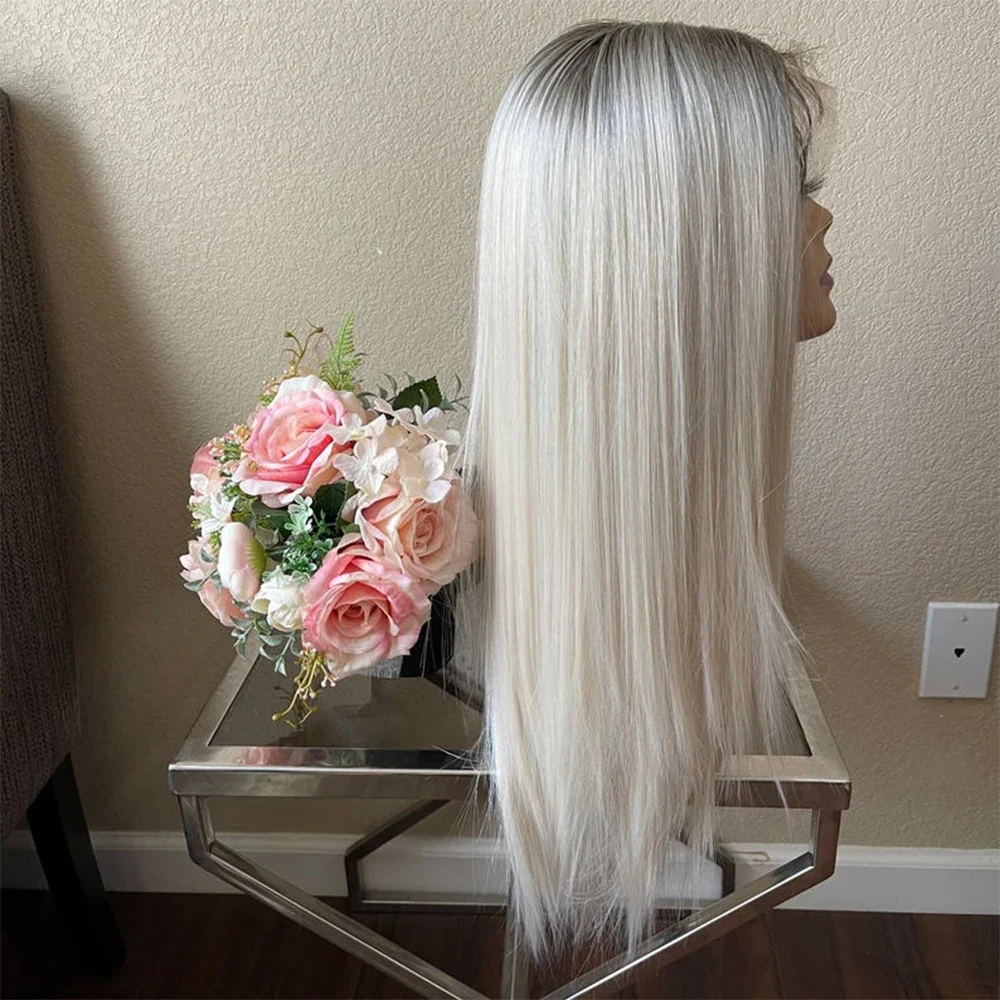 24'' Lace Front Synthetic Wig Platinum Blonde Ombre Straight Wig 10% Human Hair Lace Front Wig Heat Resistant FIber Daily Wear