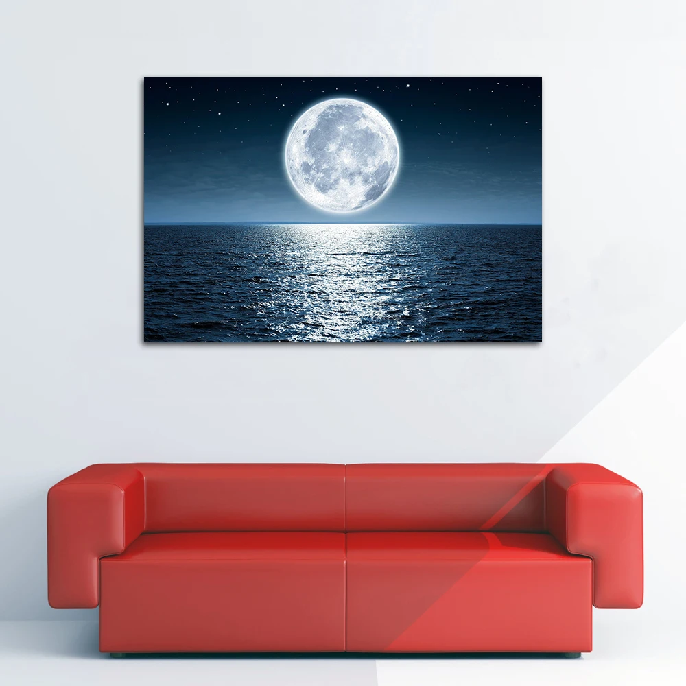 Ocean Moon Night Scenery Canvas Painting Home Decor Wall Art Picture Print Mural Illustration Room Decoration Accessories