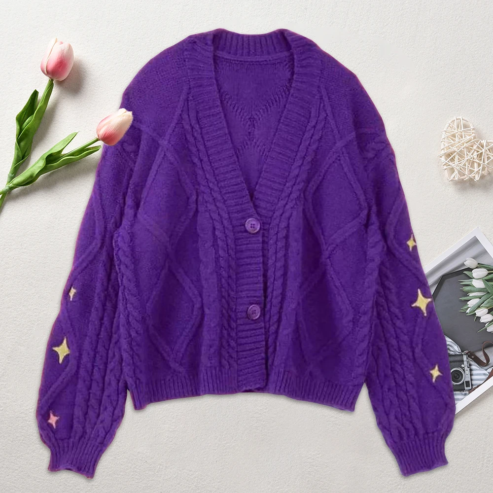 Women Loose Knitted Cardigans Coat Y2K Star Embroidery Sweaters Vintage Purple Streetwear Casual Single Breasted Long Sleeve Top