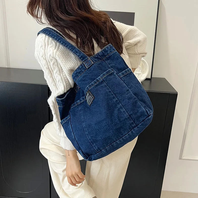 Vintage Washed Denim Shoulder Bags for Women Large Capacity Simple Ladies Tote Bag Casual Versatile Thread Design Female Handbag